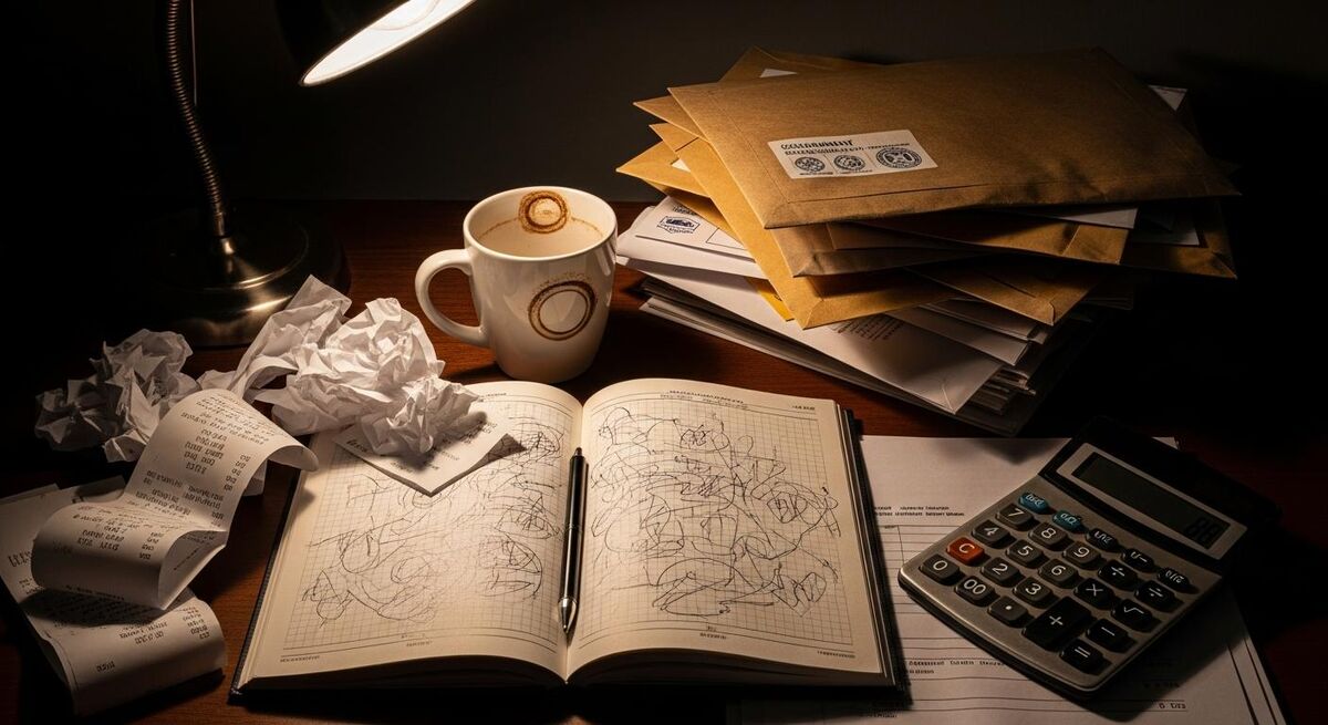 Open notebook on a messy desk beside receipts, a calculator, and a coffee cup