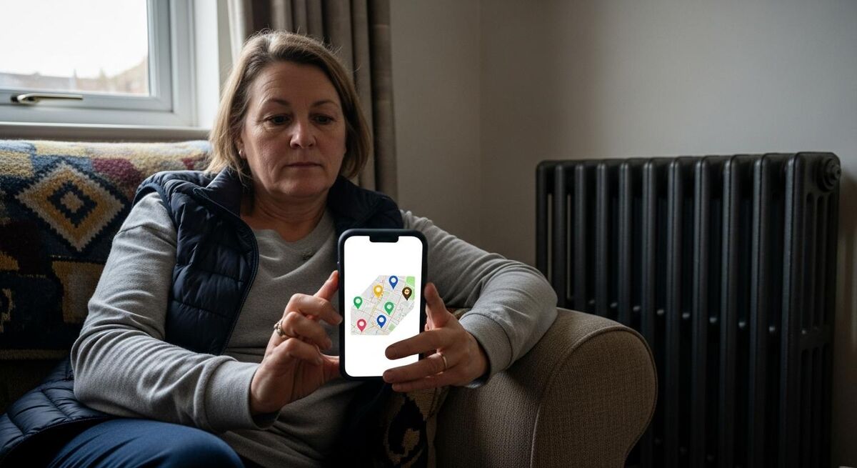 A homeowner sat on a sofa holding a phone showing a map with location pins, a cold radiator visible in the background