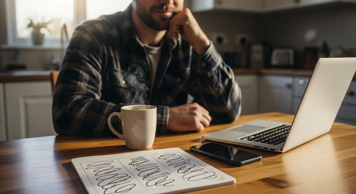 A tradesperson at a kitchen table with a mug of tea, a notepad with three columns roughly sketched, phone and laptop nearby