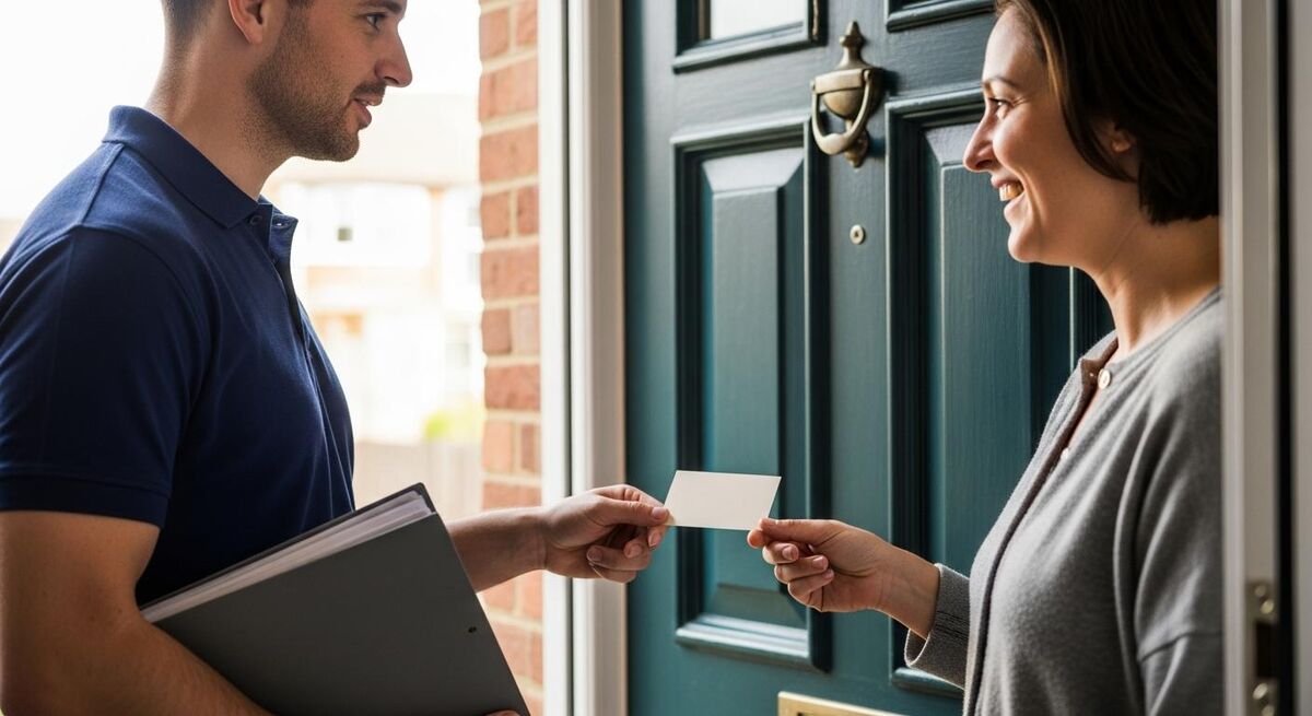 An engineer handing a homeowner a small service reminder card at a front door, both smiling, boiler paperwork in hand