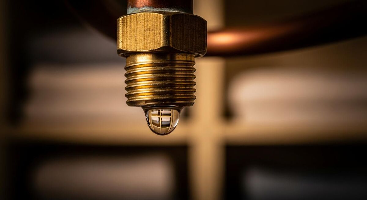 Close-up of a copper heating pipe with a slow drip forming under a compression fitting, water catching the light