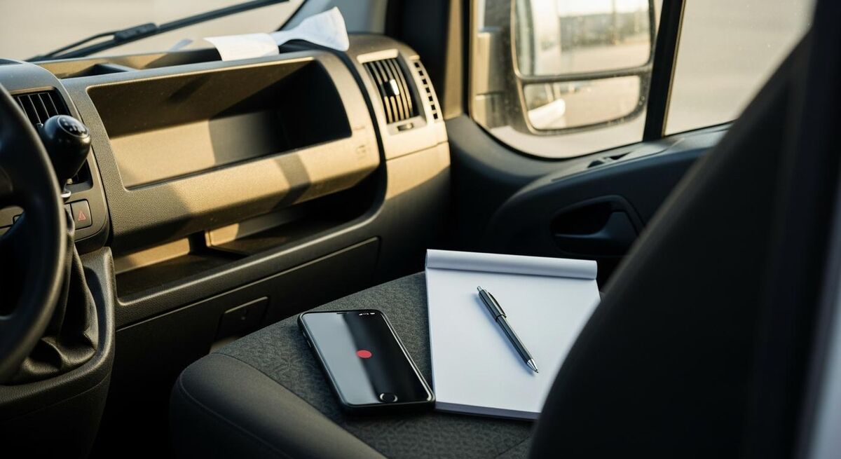 A van dashboard with a phone showing a missed call notification, a clipboard with a half-written quote on the passenger seat