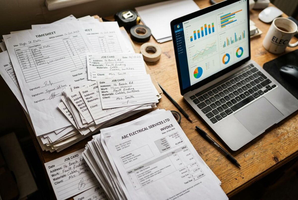 UK electrical contractor admin desk with stacks of job cards, timesheets, and invoices beside a laptop showing analytics