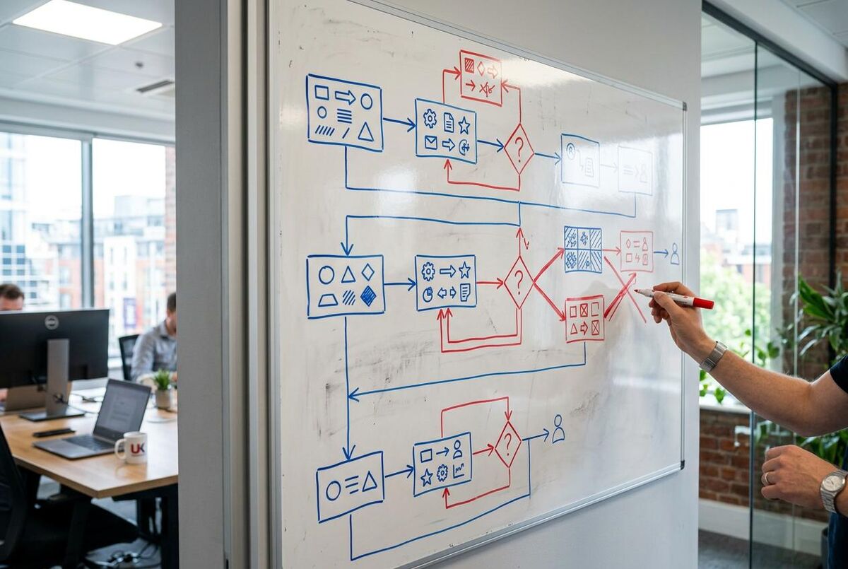 Whiteboard showing a business process flow diagram mapping admin tasks at an electrical firm