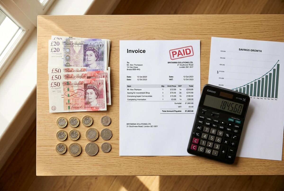 UK pound notes and coins beside a paid invoice and savings growth chart showing ROI from automation