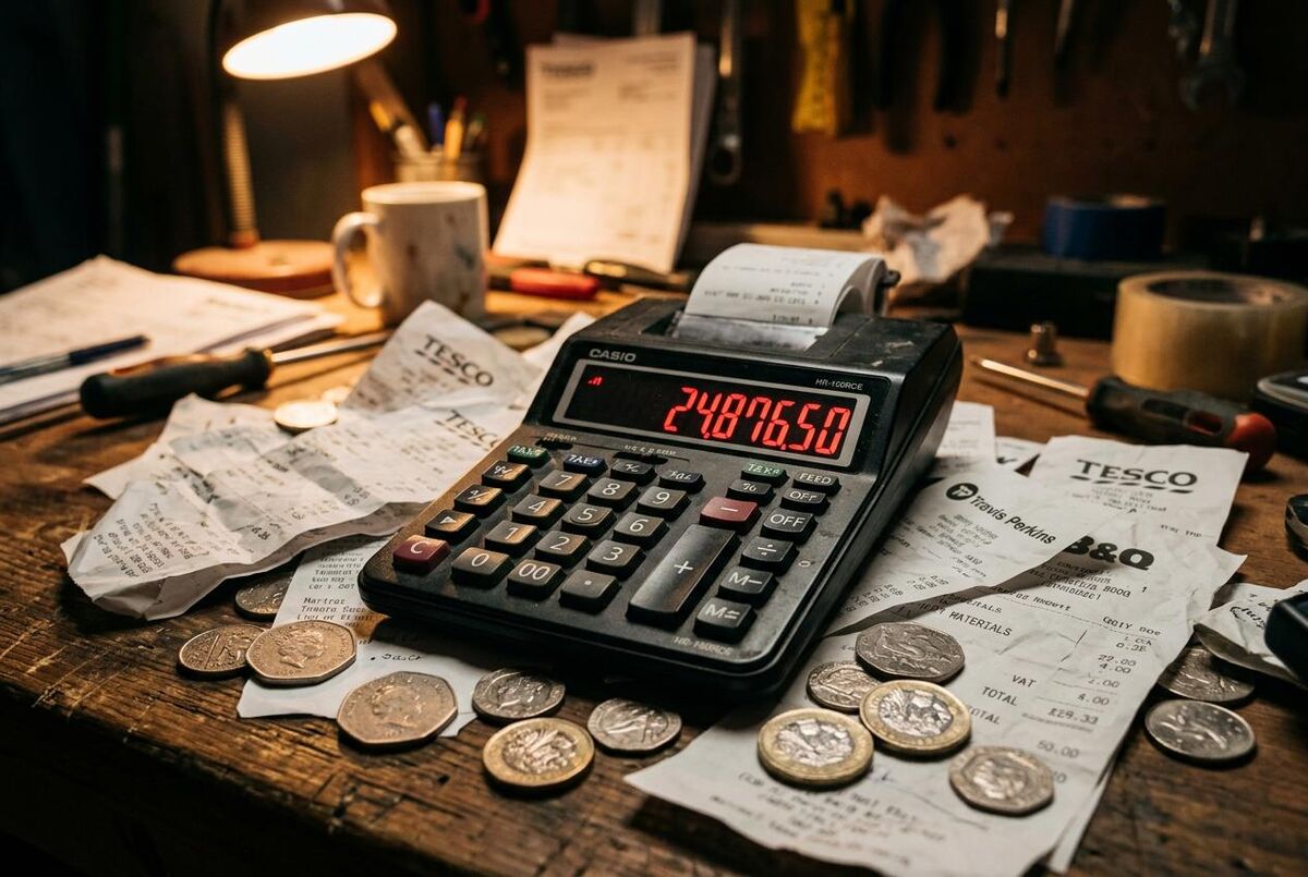 Calculator surrounded by receipts and pound coins showing hidden admin costs