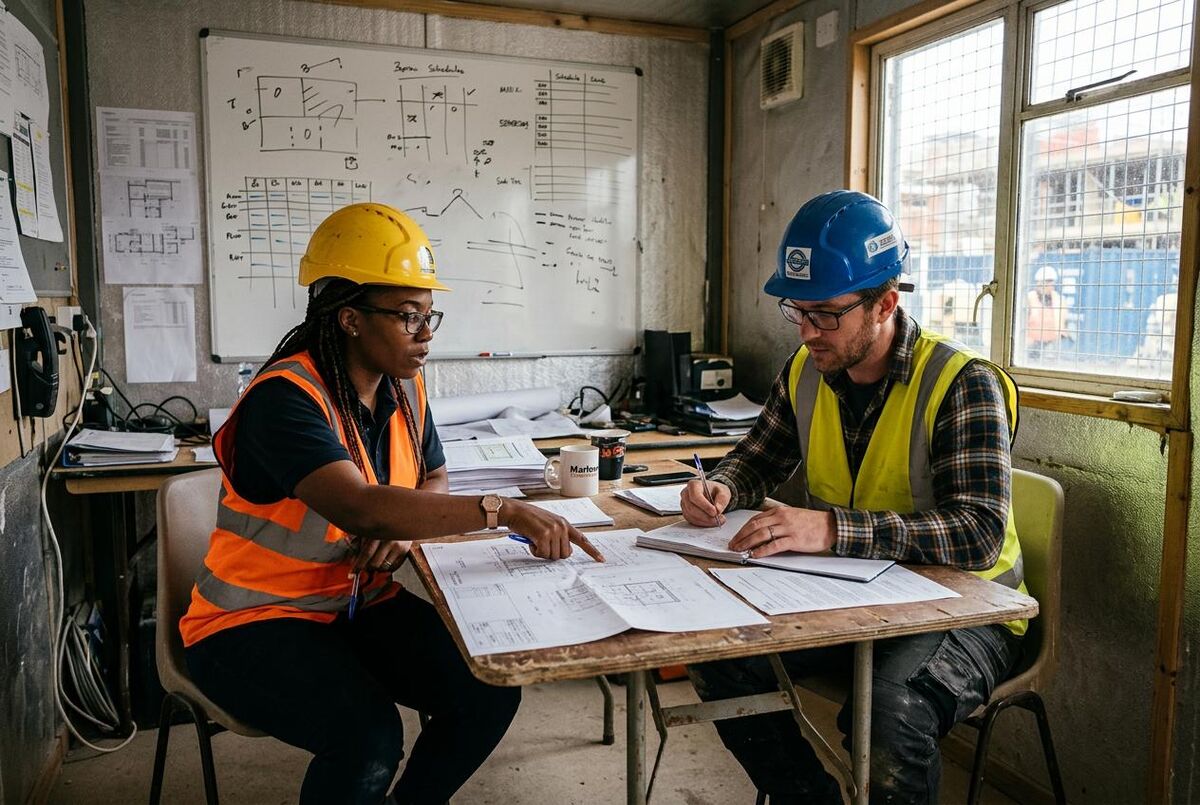 Two tradespeople in a portacabin reviewing audit documents together
