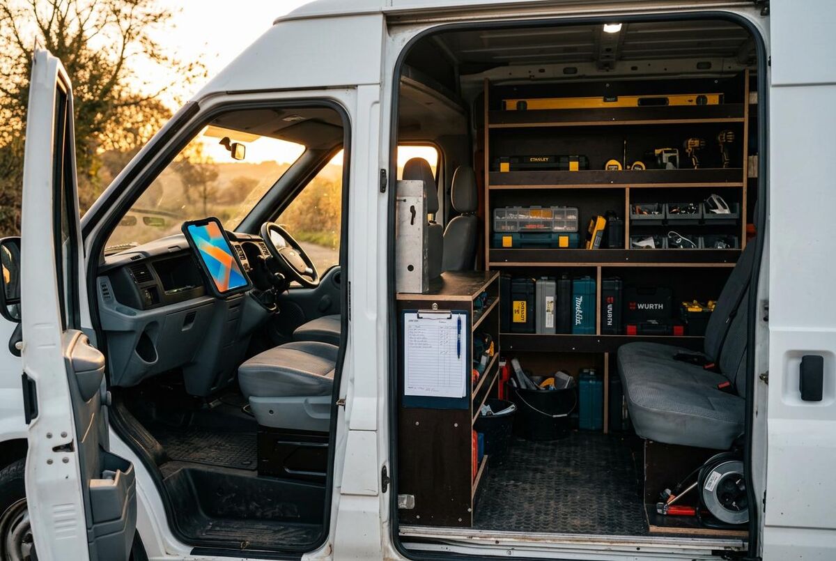 Organised trade van interior with tablet and clipboard showing mobile office setup
