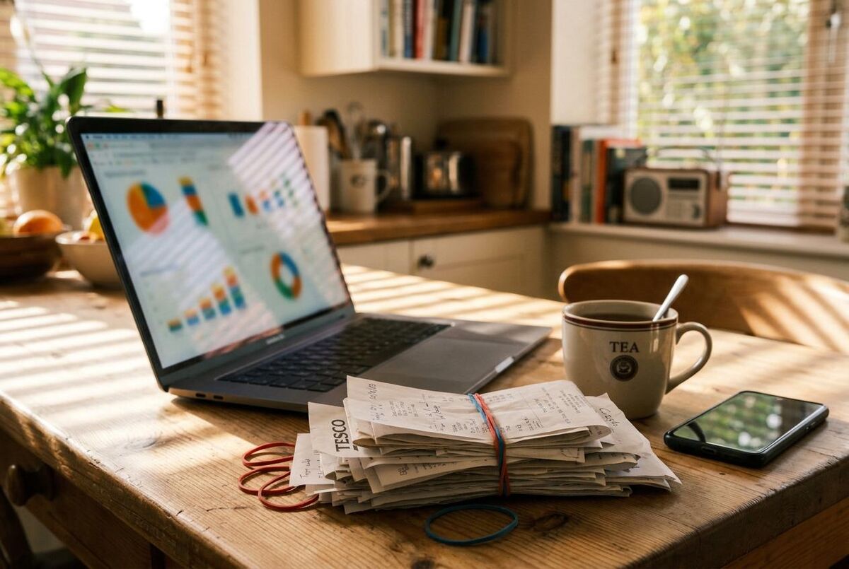 Laptop showing financial charts on a kitchen table with receipts and a mug of tea