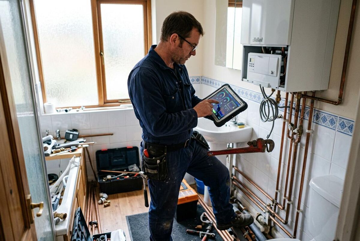 Plumber using a tablet to manage a job in a UK bathroom