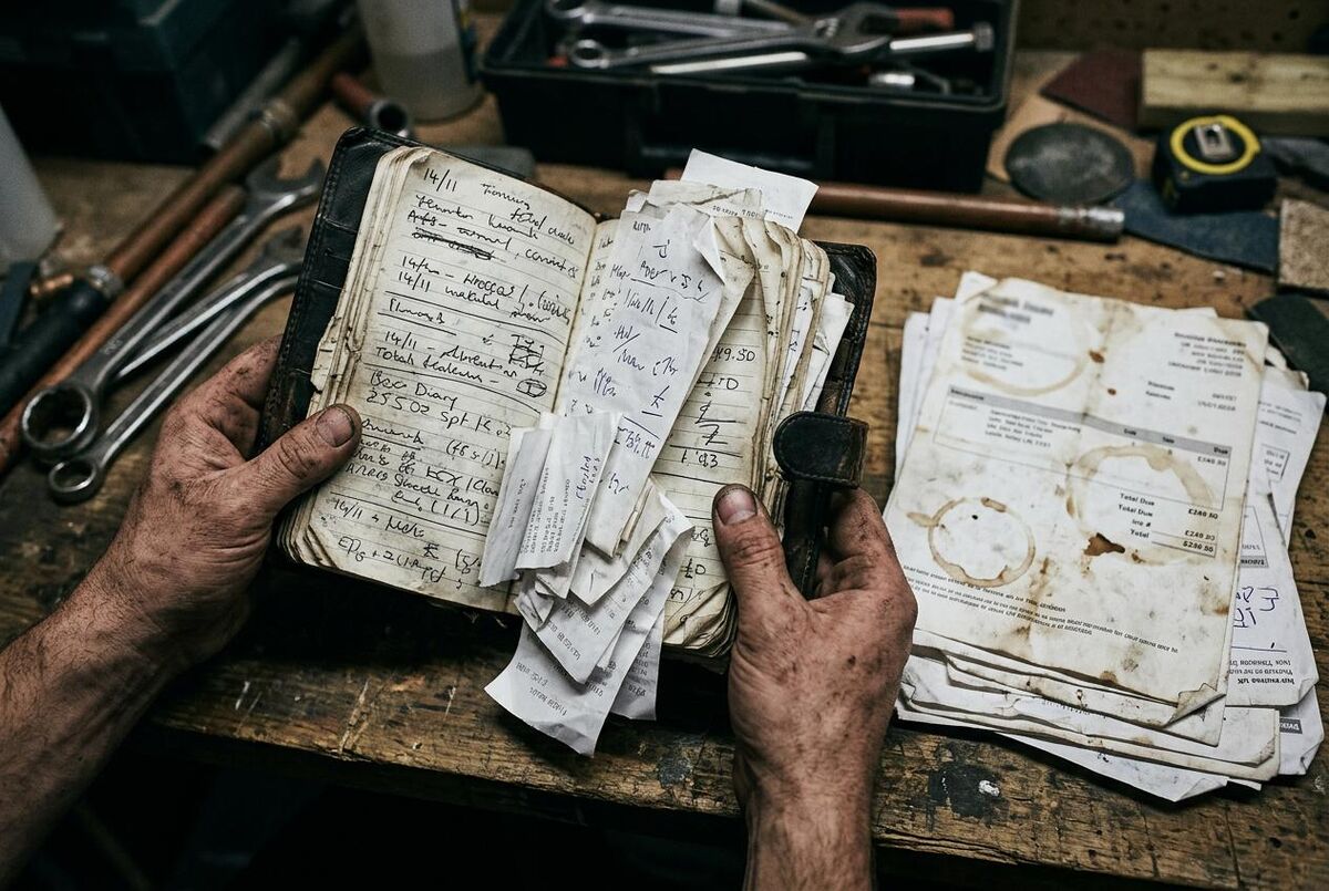 Worn hands holding a paper diary filled with job notes and loose receipts