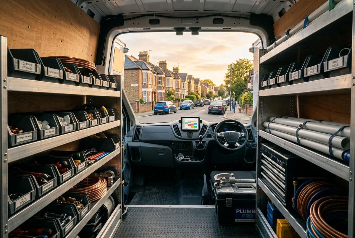 Interior of an organised plumbing van with neatly arranged shelves and UK terraced houses visible outside