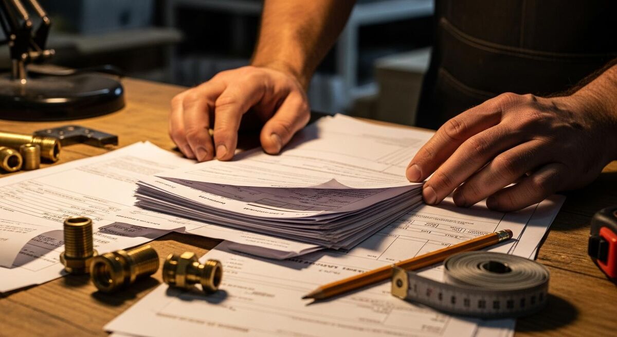 UK builder calculating CIS deduction split between labour and materials on a workshop desk