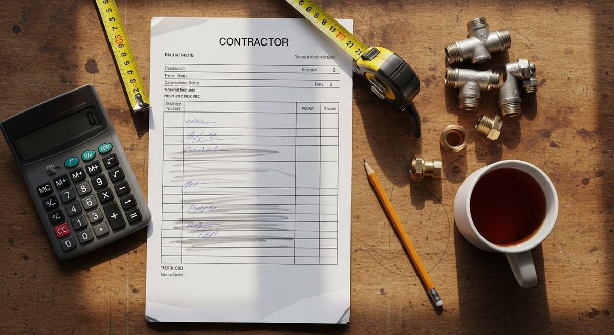 UK construction tradesperson reviewing CIS paperwork in a busy workshop