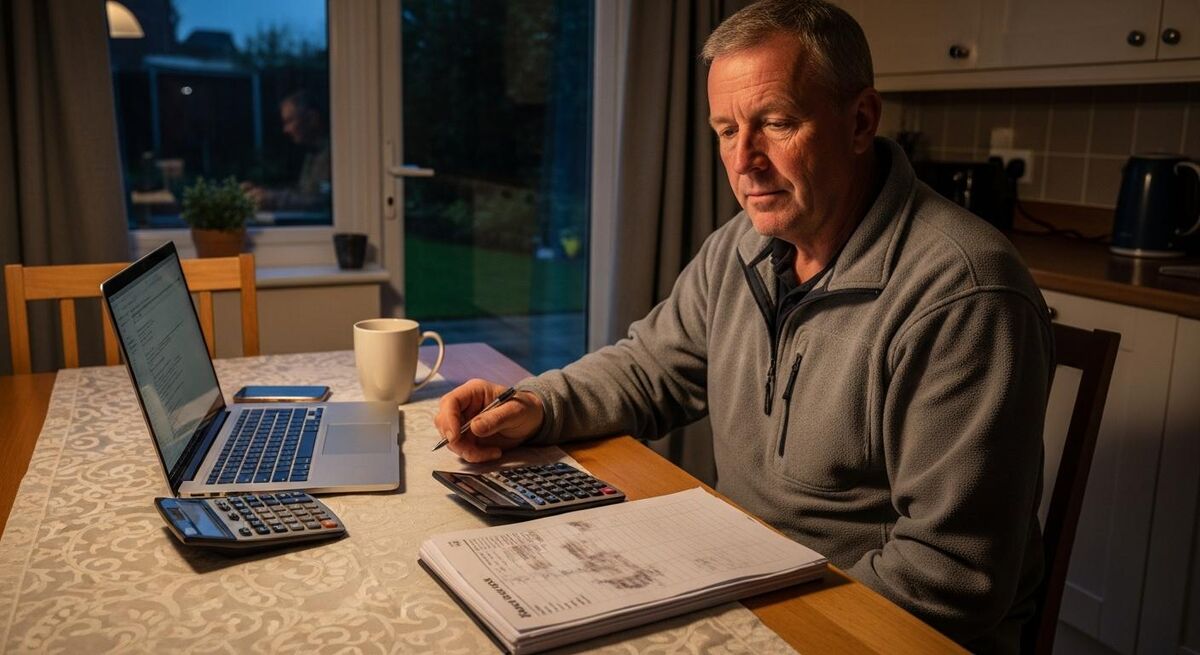 UK self-employed tradesperson reviewing CIS tax refund statement on a kitchen table