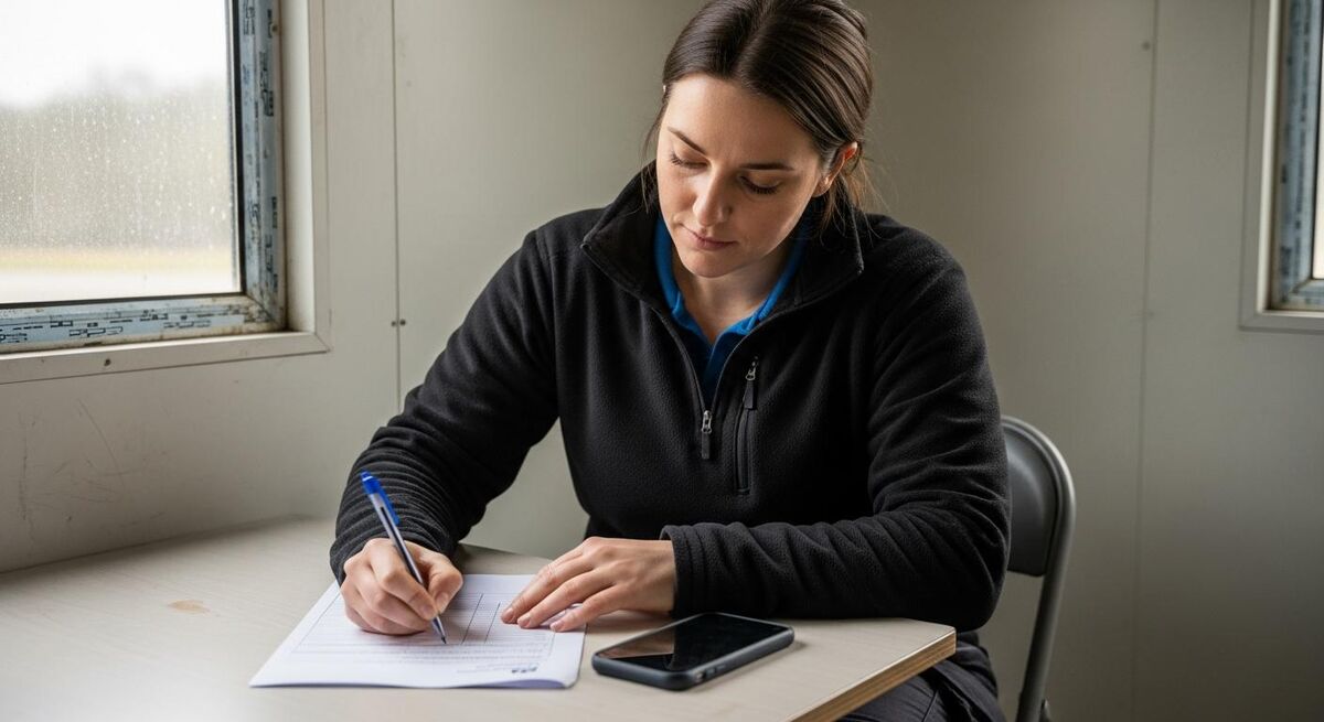 Self-employed UK trades worker registering for CIS on a laptop at a workshop bench