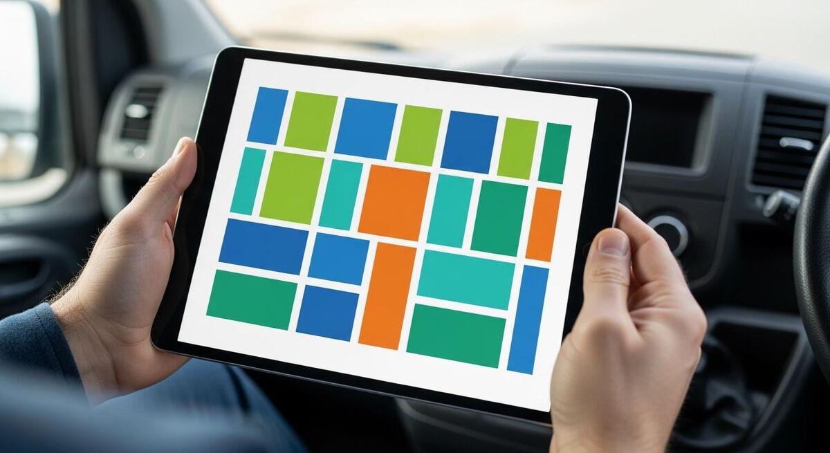 A trades business owner at a wall-mounted screen showing a colour-coded weekly schedule as abstract blocks