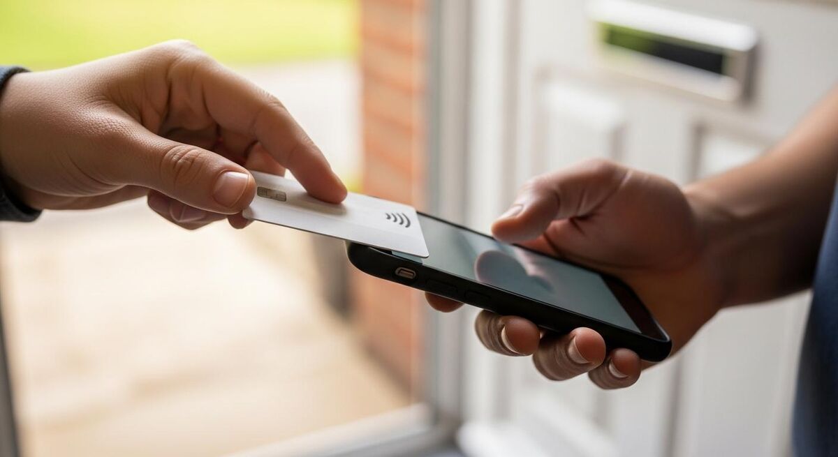 Close-up of a customer tapping a bank card against a phone held by a tradesperson on a doorstep