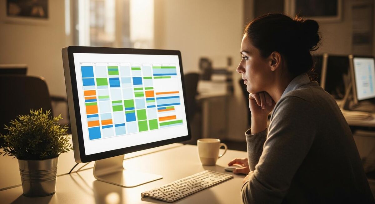 An office coordinator reviewing a schedule on a desktop screen showing abstract coloured blocks