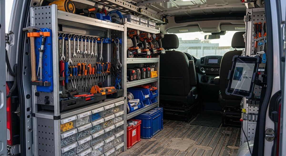Neatly organised van interior with tools racked and a tablet mounted near the dashboard