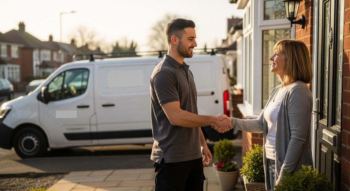 Two field operators in normal work clothing loading a signwritten van outside a customer's home