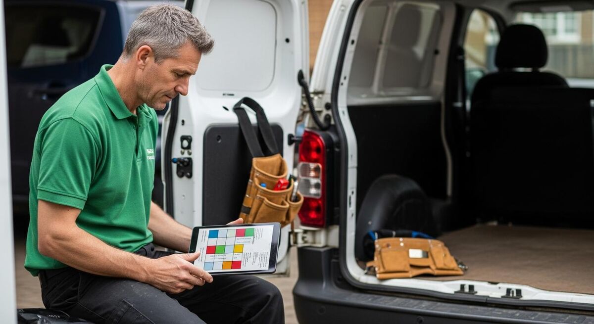 Tradesperson comparing insurance quotes on a tablet while sitting in a van