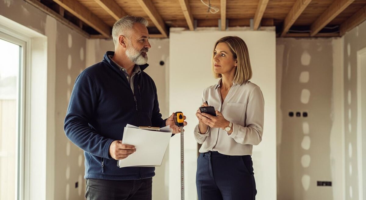 Builder reviewing plans on a clipboard with a homeowner