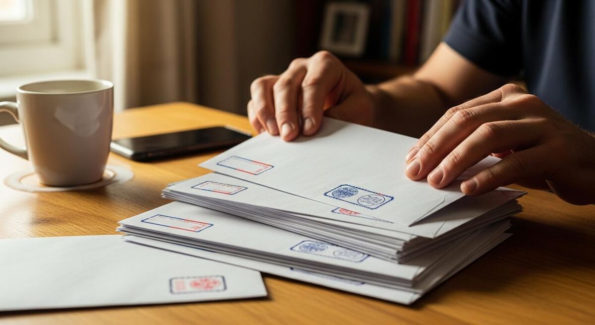 Tradesperson reviewing a stack of insurance renewal letters at a kitchen table