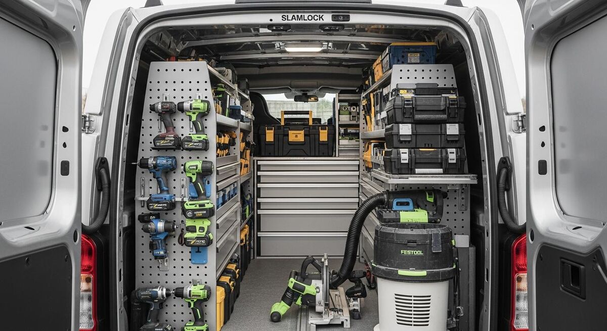 Inside of a tradesperson van with organised tool storage and labels