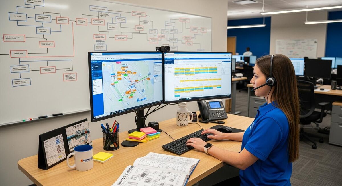 Office coordinator dispatching engineers on a desktop screen with a job management dashboard