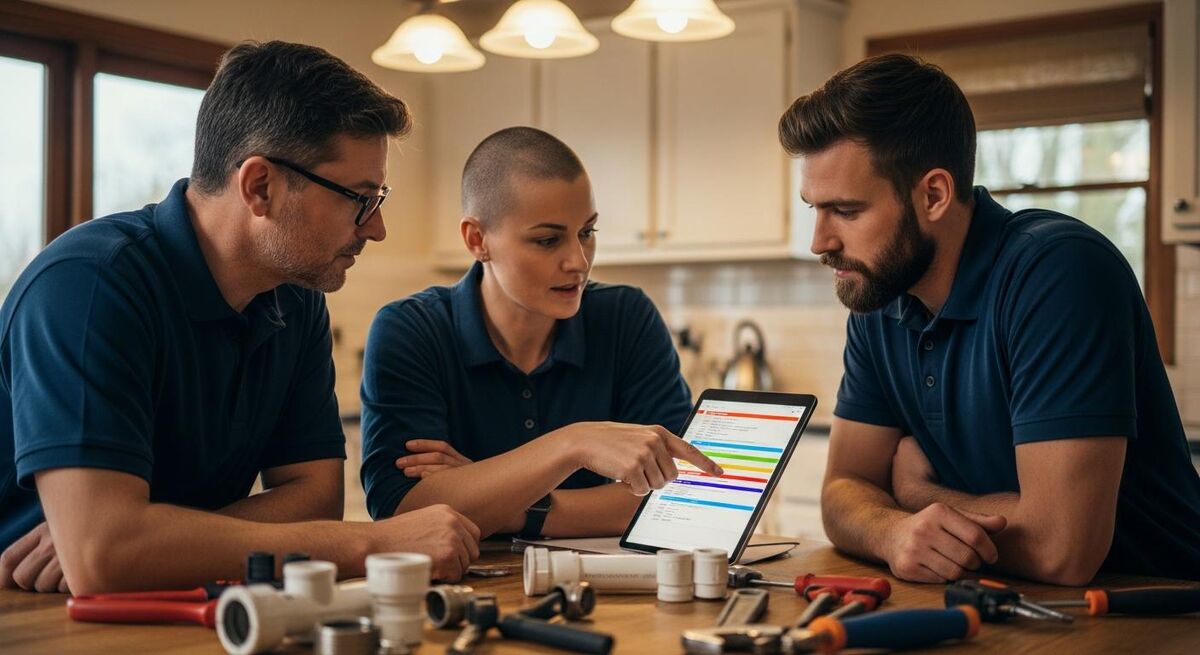 Two plumbers reviewing a job schedule on a tablet in a van