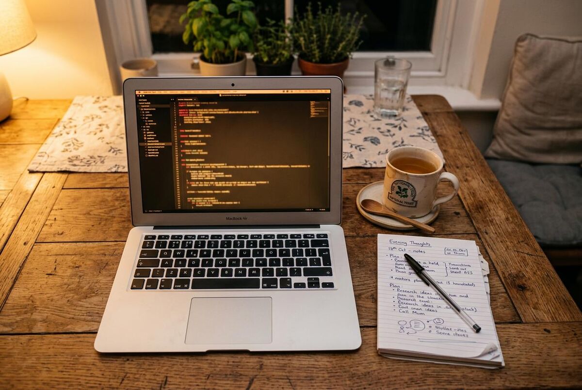 Laptop on a wooden table with a notebook and cup of tea, evening home setting for writing website content