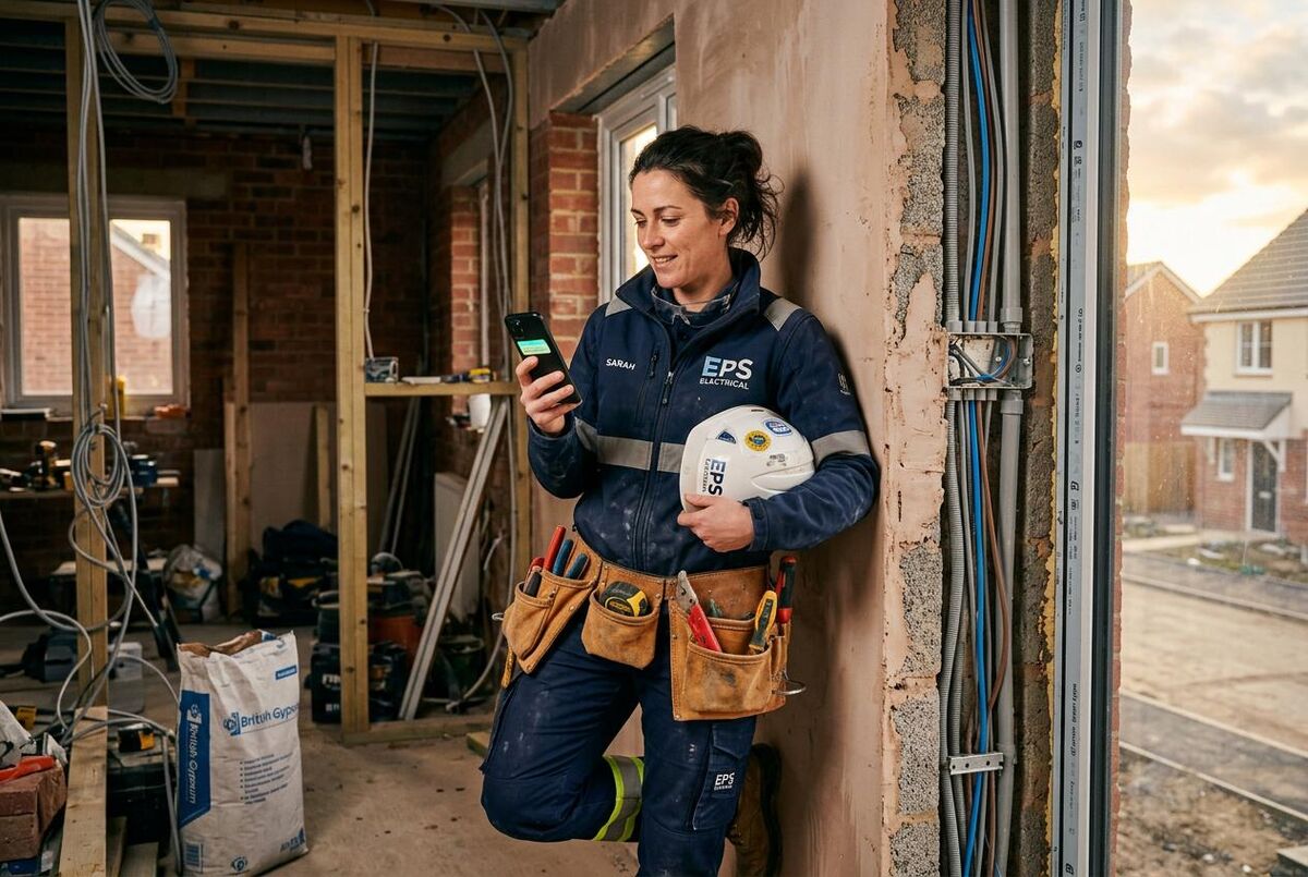 Female electrician on a UK building site checking her phone for new lead notifications