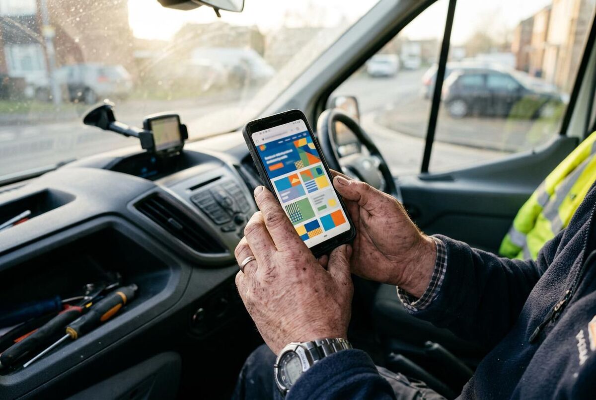 Tradesperson checking a mobile-friendly website on their phone in a work van