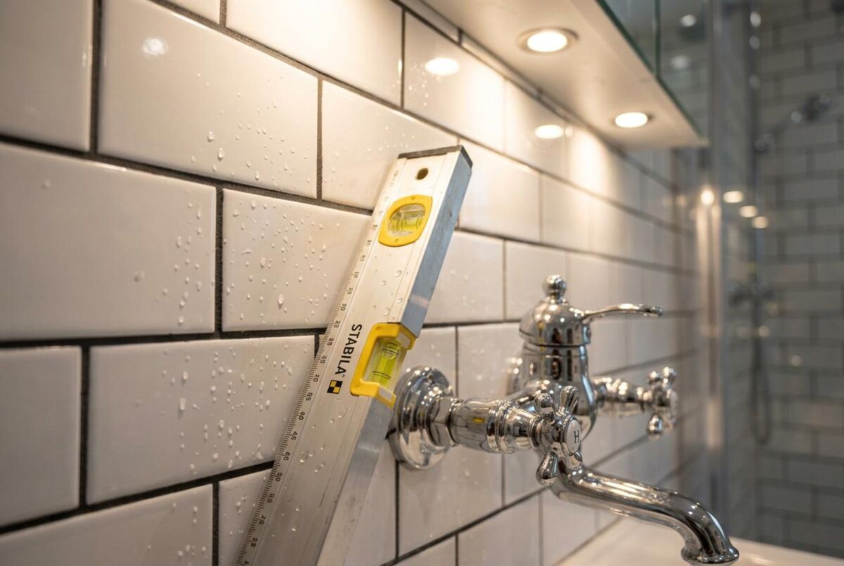 Close-up of professionally finished bathroom tiling with a spirit level showing precision craftsmanship