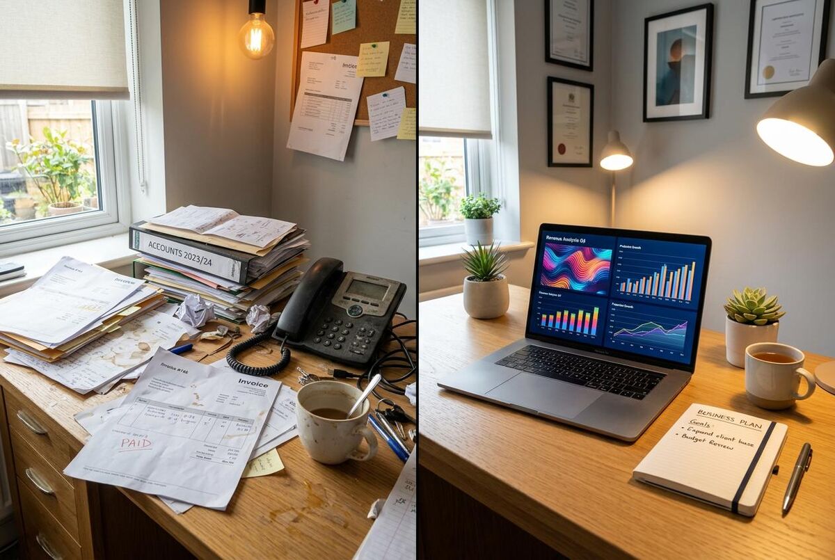 Before and after comparison of a tradesperson workspace, from paper chaos to organised digital setup