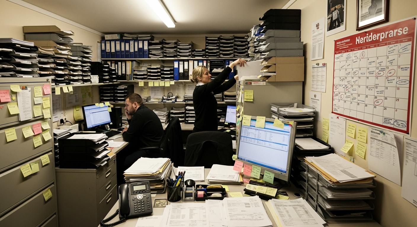 Trades business office with paperwork and filing cabinets