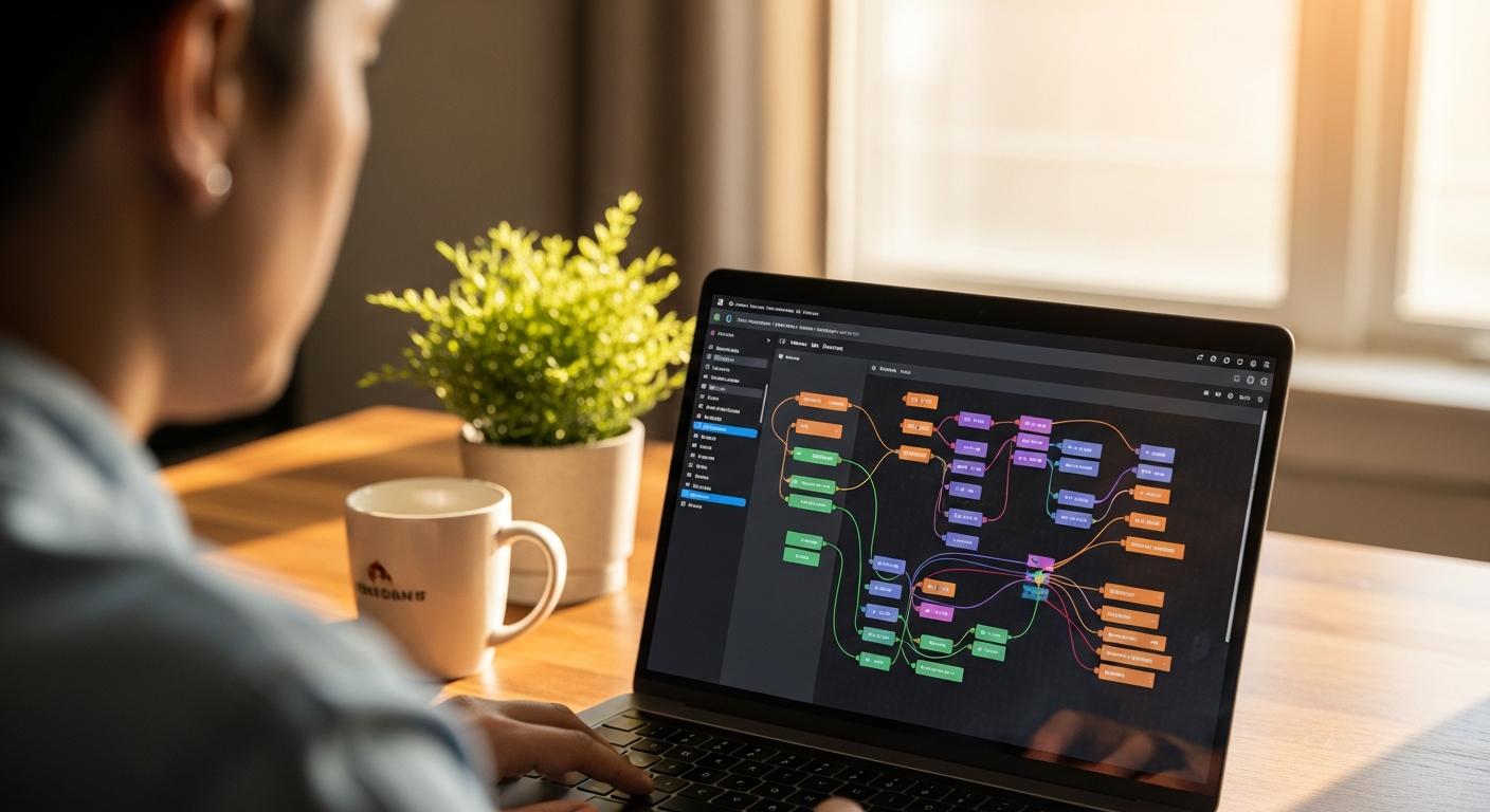 Visual workflow editor showing connected automation nodes