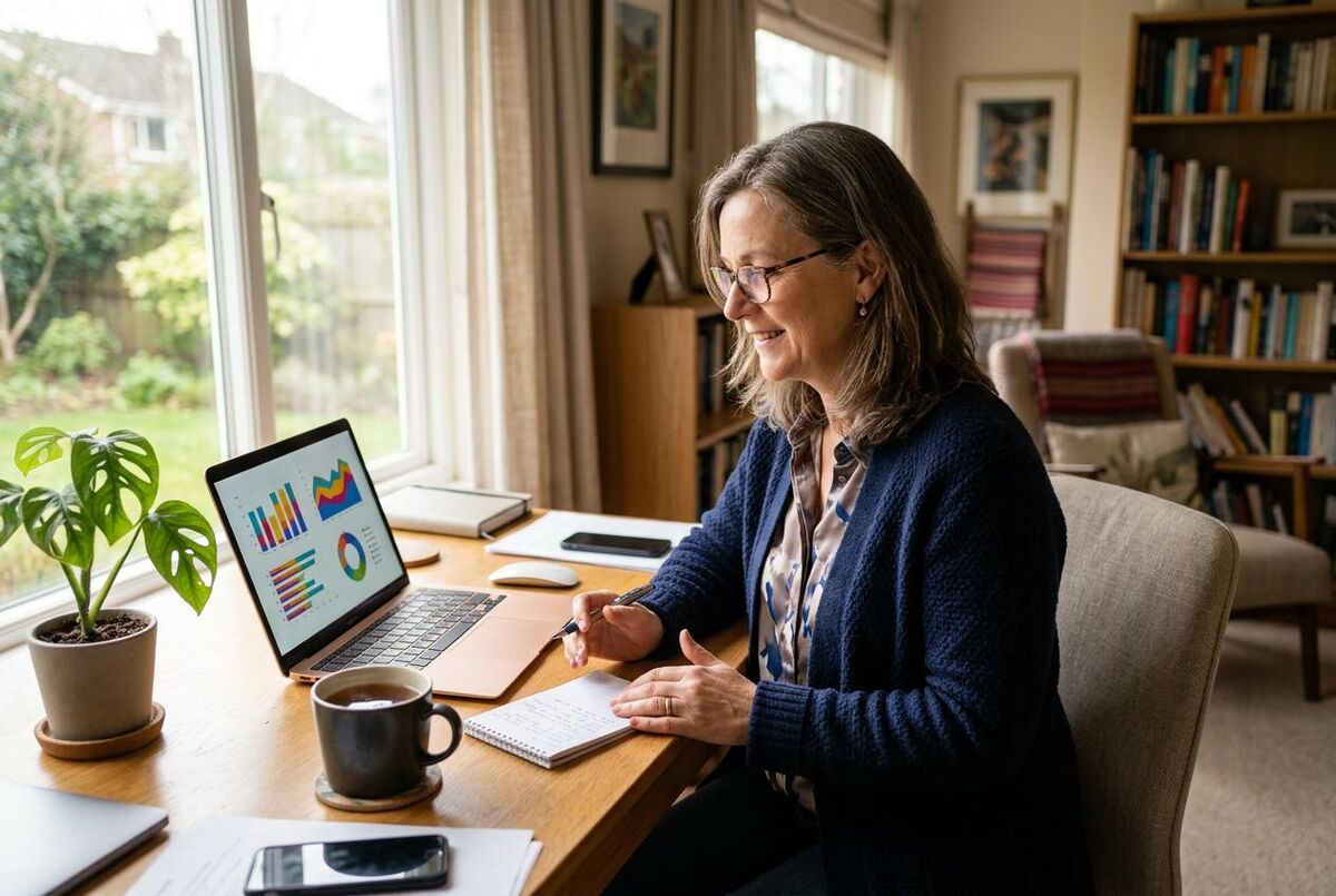Business owner reviewing data analytics on a laptop in a UK home office