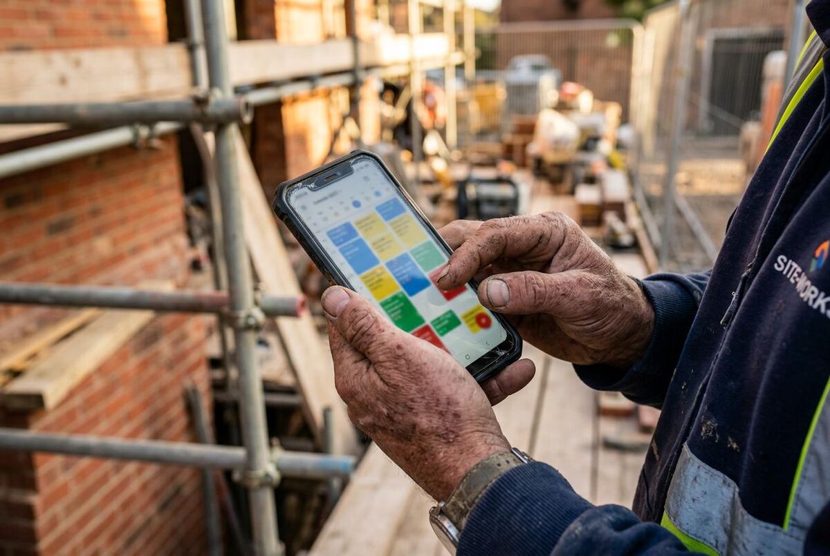 UK tradesperson on a building site using a phone to manage a job schedule app