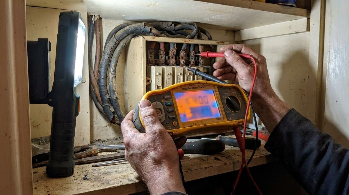 Electrician using an insulation resistance tester on an older domestic consumer unit with rubber-insulated cabling visible