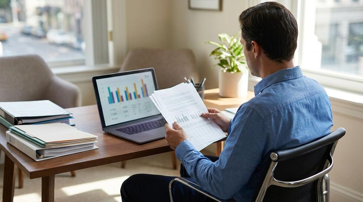 Asset manager at a desk reviewing rows of electrical inspection data on paper printouts and a laptop showing abstract charts