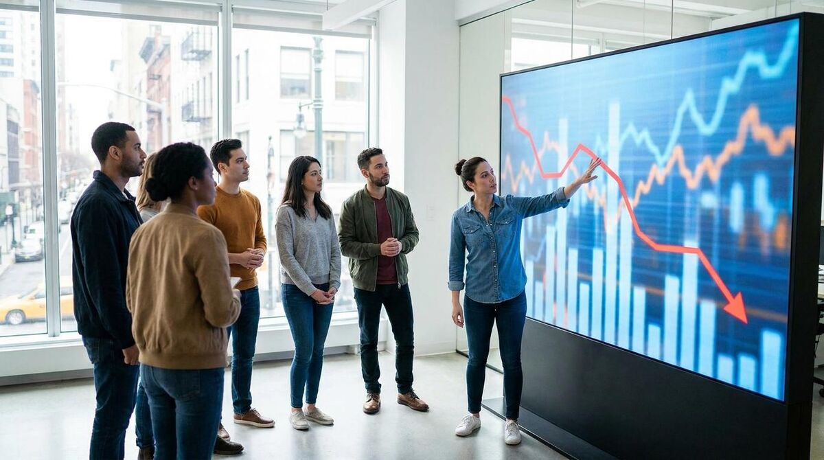 Wide view of a housing compliance team reviewing large abstract trend charts and bar graphs on a wall display without readable text