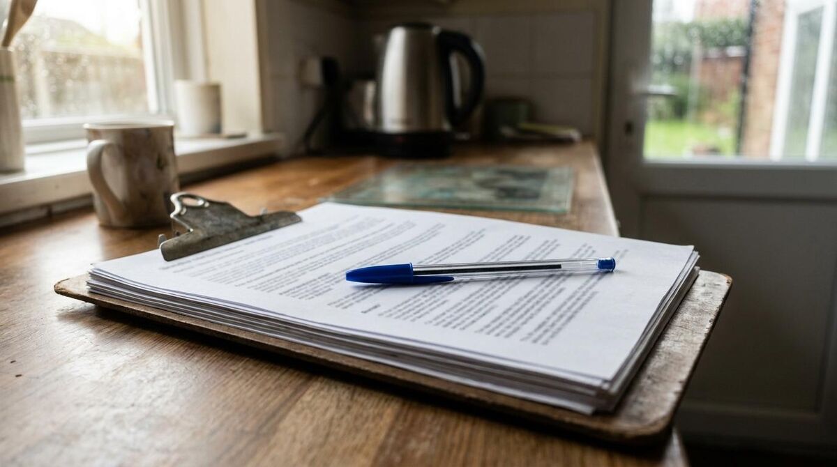Close-up of a completed electrical installation condition report marked satisfactory on a clipboard in a domestic hallway