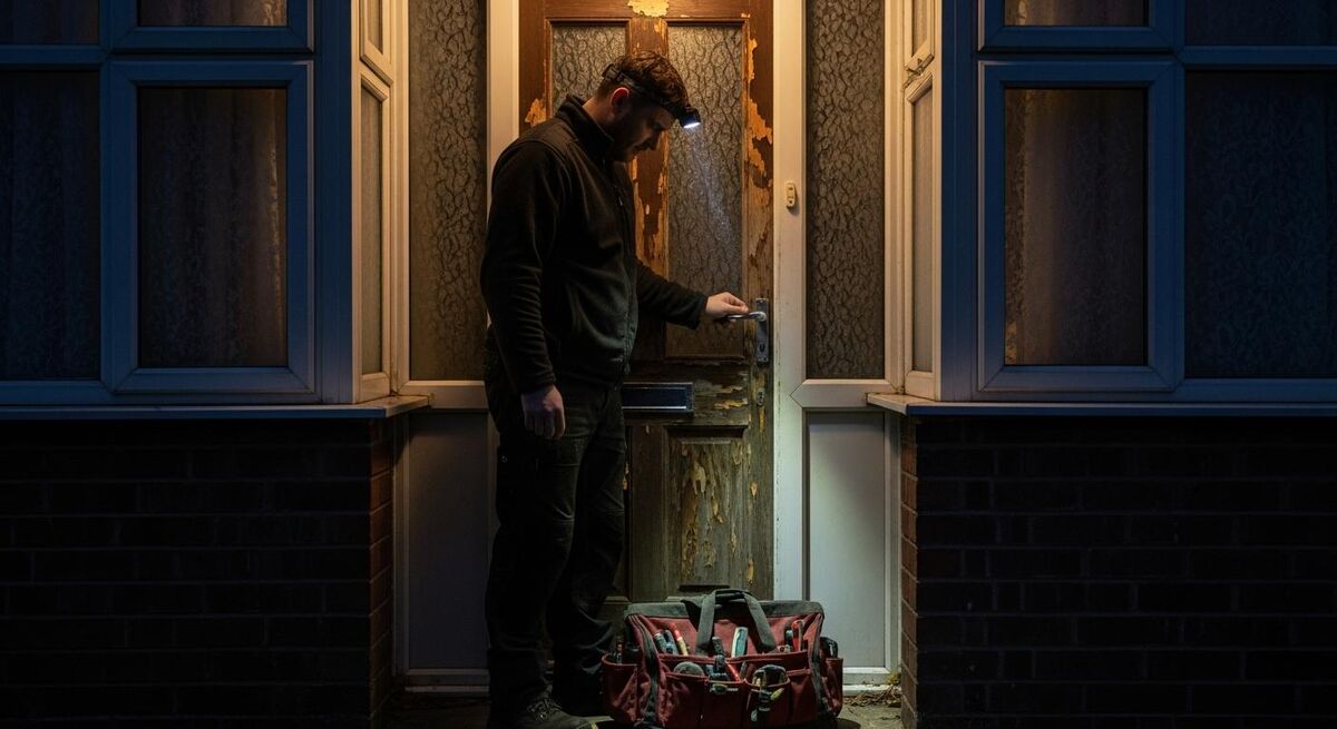 A heating engineer arriving at a customer's home at night with a torch and toolbag