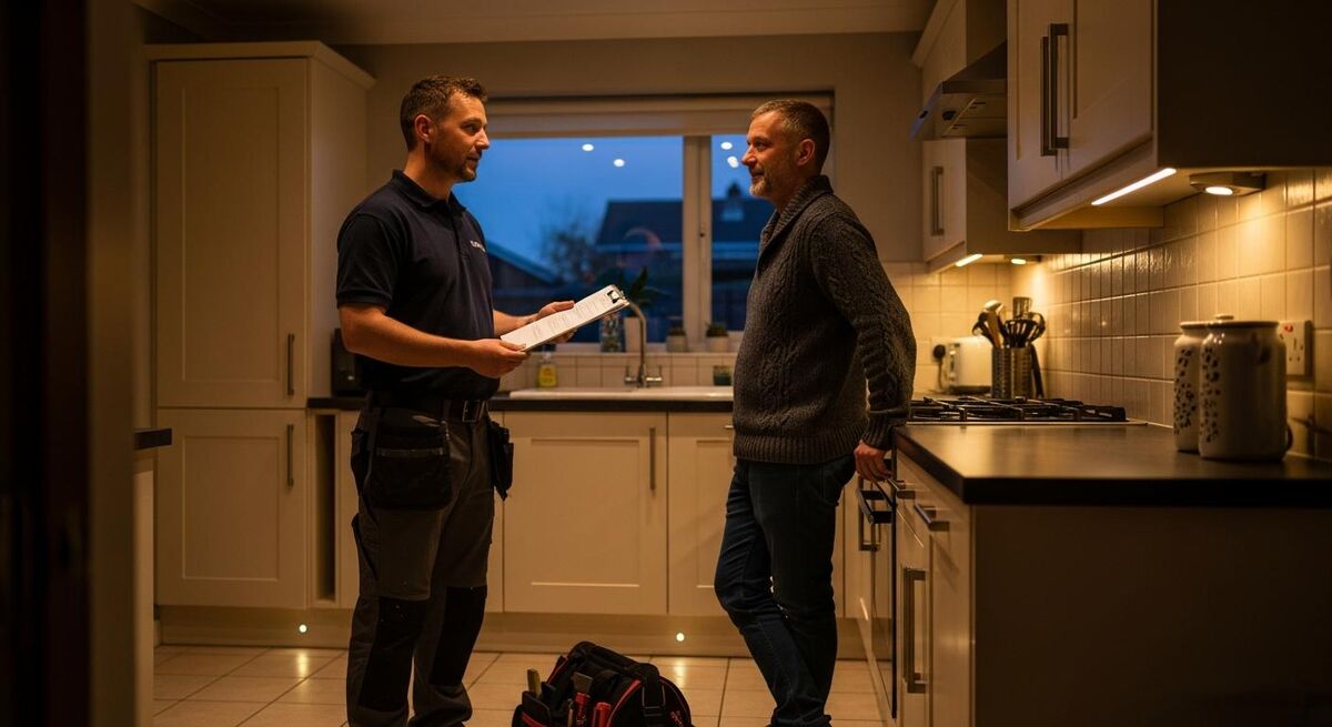 A heating engineer handing a customer paperwork after completing emergency repair work in a domestic kitchen