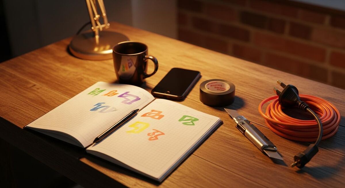 A small trades office desk with an open planner, coffee mug, phone, electrical tape and a coiled extension lead under a warm desk lamp