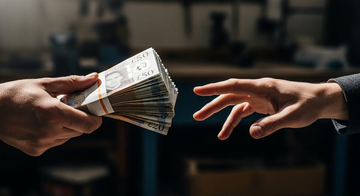 Two hands reaching across a gap with a bundle of GBP banknotes, representing the cash flow gap in trades businesses