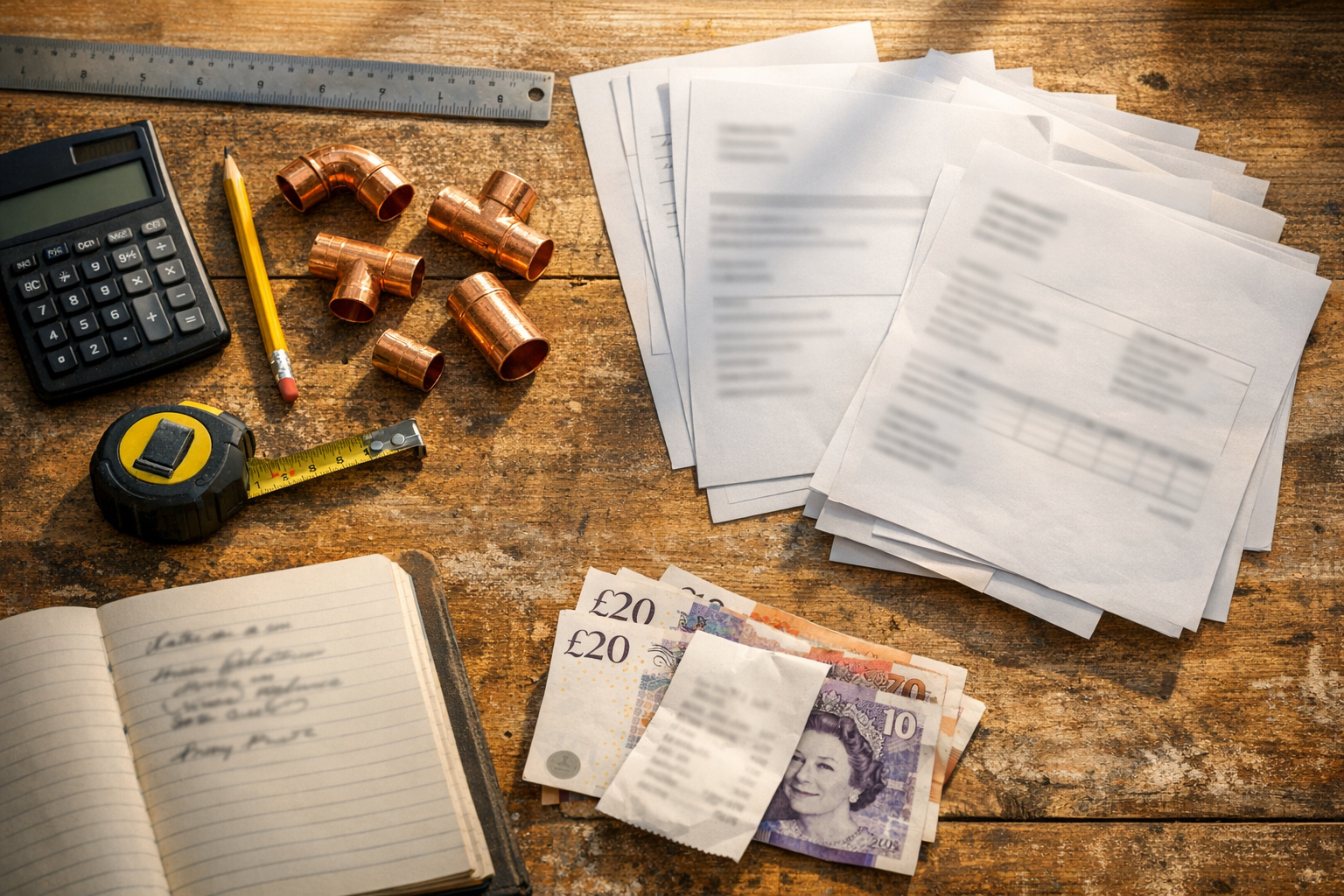 Overhead flat-lay of a UK trades business desk: calculator, copper fittings, tape measure, blurred invoices, £20/£10 notes, warm morning workshop light, no readable text