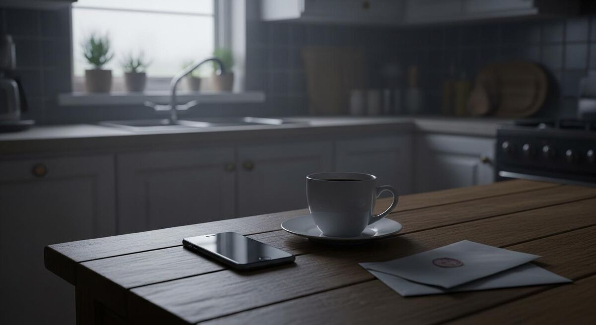 Empty kitchen table at dawn with a phone face-down and coffee going cold